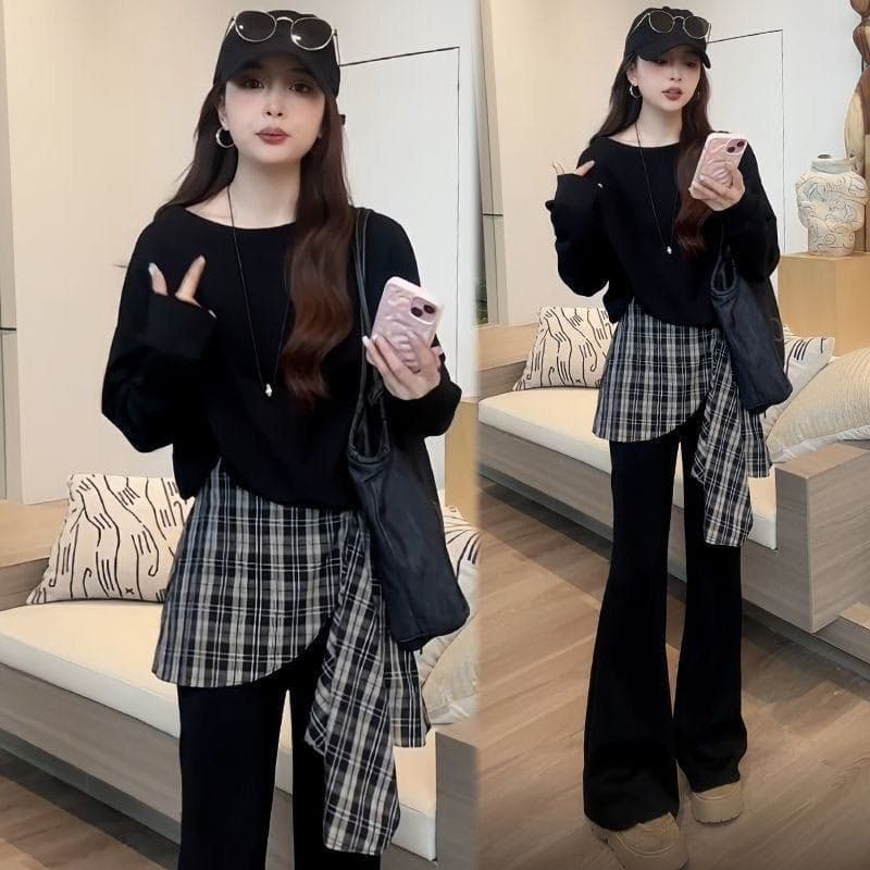 모방 면 사선 무늬 당겨 프레임 250그램 패션 고급 캐주얼 바지 세트 여성 봄 가을 긴팔 품격 투피스 세트 상세 이미지 2
