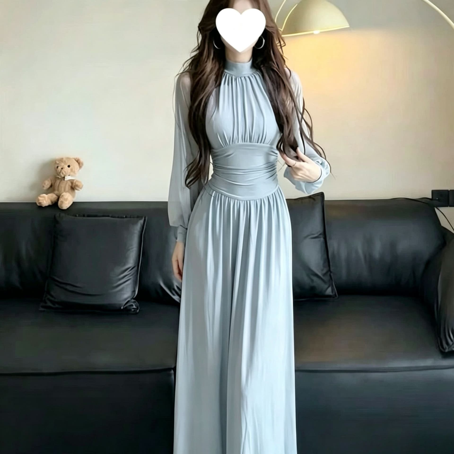 원본 봄 여름 새로운 프랑스식 망사 패치워크 벌룬 소매 여성 드레스 요정 가스 펄럭 이는 키 큰 남자 롱 스커트