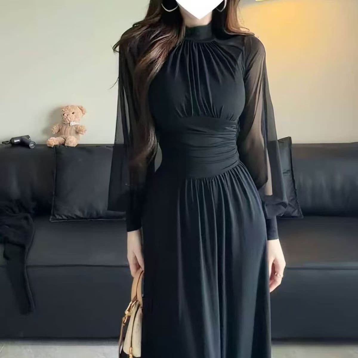 원본 봄 여름 새로운 프랑스식 망사 패치워크 벌룬 소매 여성 드레스 요정 가스 펄럭 이는 키 큰 남자 롱 스커트 이미지 3