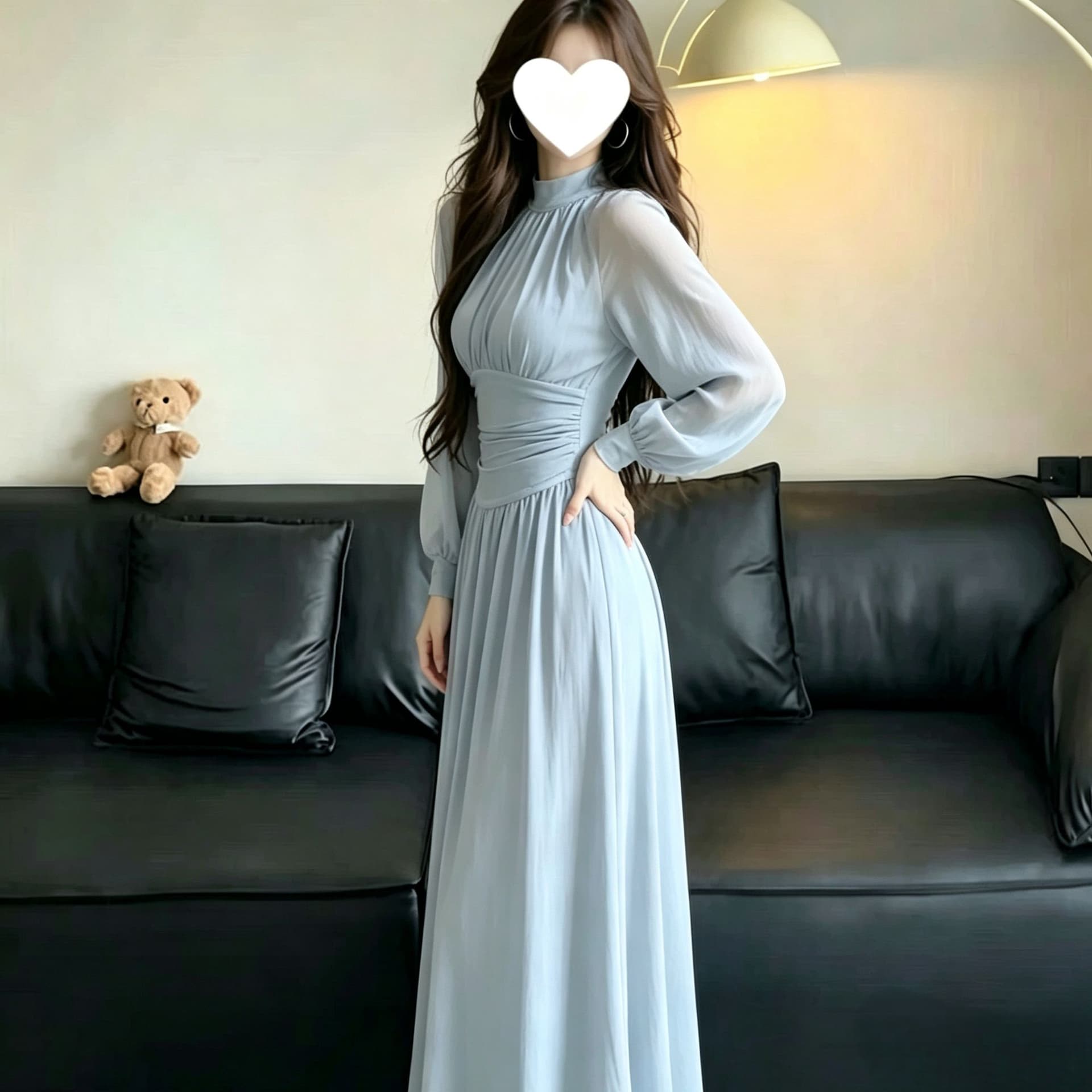 원본 봄 여름 새로운 프랑스식 망사 패치워크 벌룬 소매 여성 드레스 요정 가스 펄럭 이는 키 큰 남자 롱 스커트 이미지 5