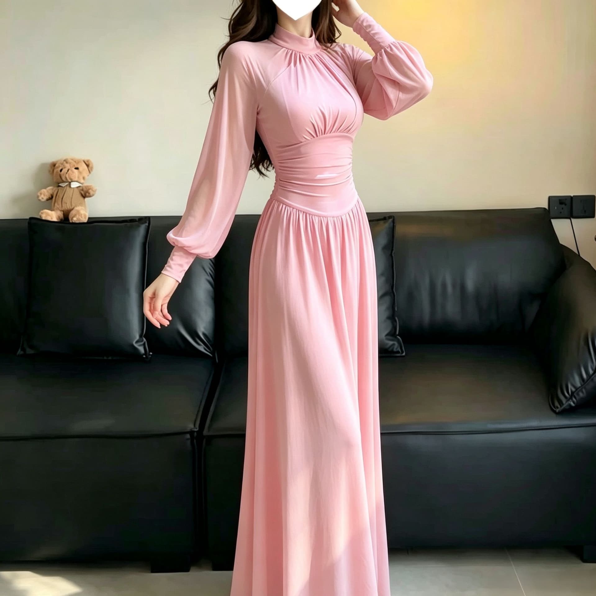 원본 봄 여름 새로운 프랑스식 망사 패치워크 벌룬 소매 여성 드레스 요정 가스 펄럭 이는 키 큰 남자 롱 스커트 상세 이미지 2