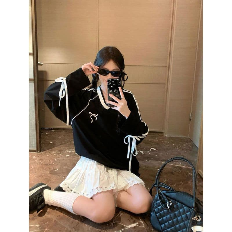 원본 품질 아메리칸 V넥 레이스업 긴팔 티셔츠 여성 이른 가을 운동 바람 다용도 루즈핏 맨위 캐주얼 이미지 5