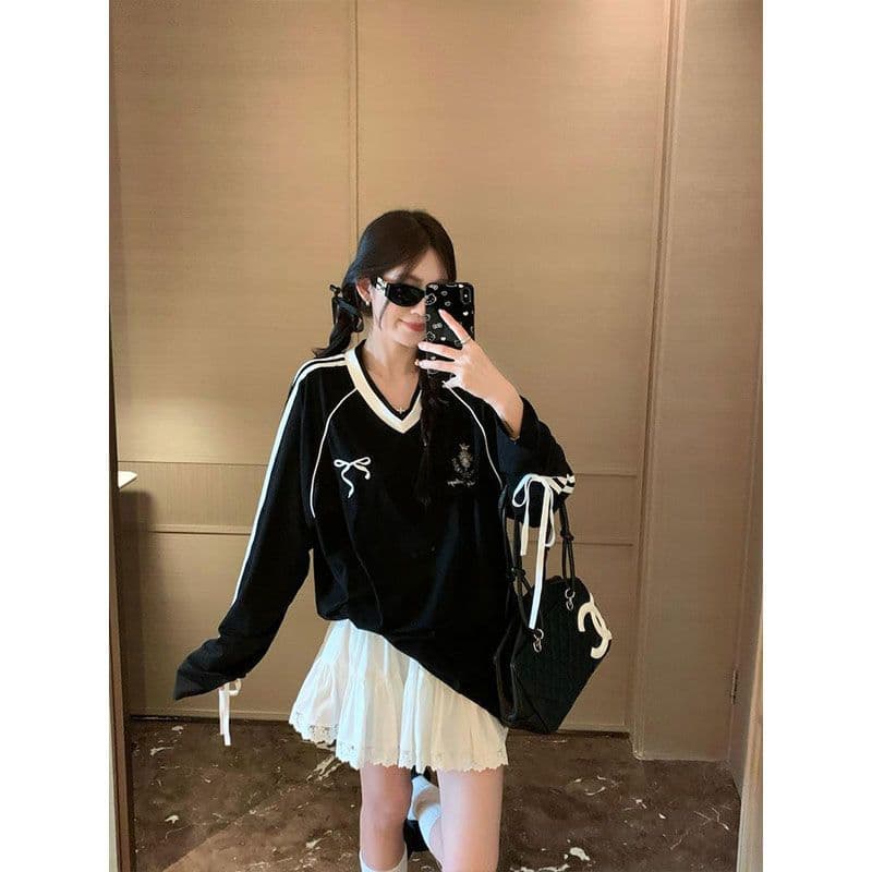 원본 품질 아메리칸 V넥 레이스업 긴팔 티셔츠 여성 이른 가을 운동 바람 다용도 루즈핏 맨위 캐주얼 상세 이미지 1