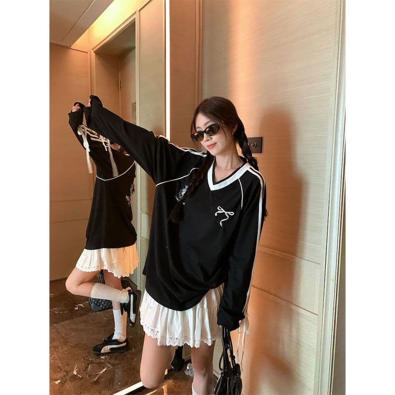 원본 품질 아메리칸 V넥 레이스업 긴팔 티셔츠 여성 이른 가을 운동 바람 다용도 루즈핏 맨위 캐주얼 상세 이미지 2