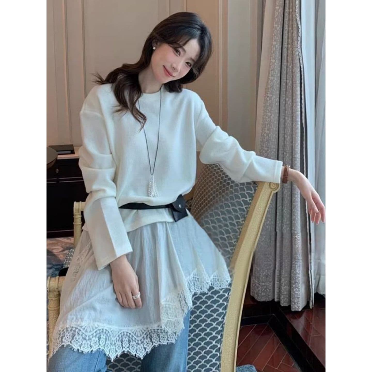 광저우 양모 구덩이 기사 2 2 프랑스식 달콤함 가을과 겨울 레이스 밑단 라운드 넥 맨위 여성 이미지 5