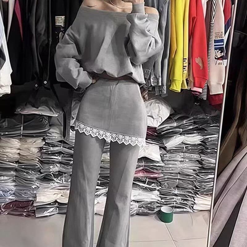 모방 면 사선 무늬 당겨 프레임 250그램 오프숄더 레이스 조각 나팔 바지 두 조각 여성 세트 가을 긴팔 캐주얼 세트 상세 이미지 5
