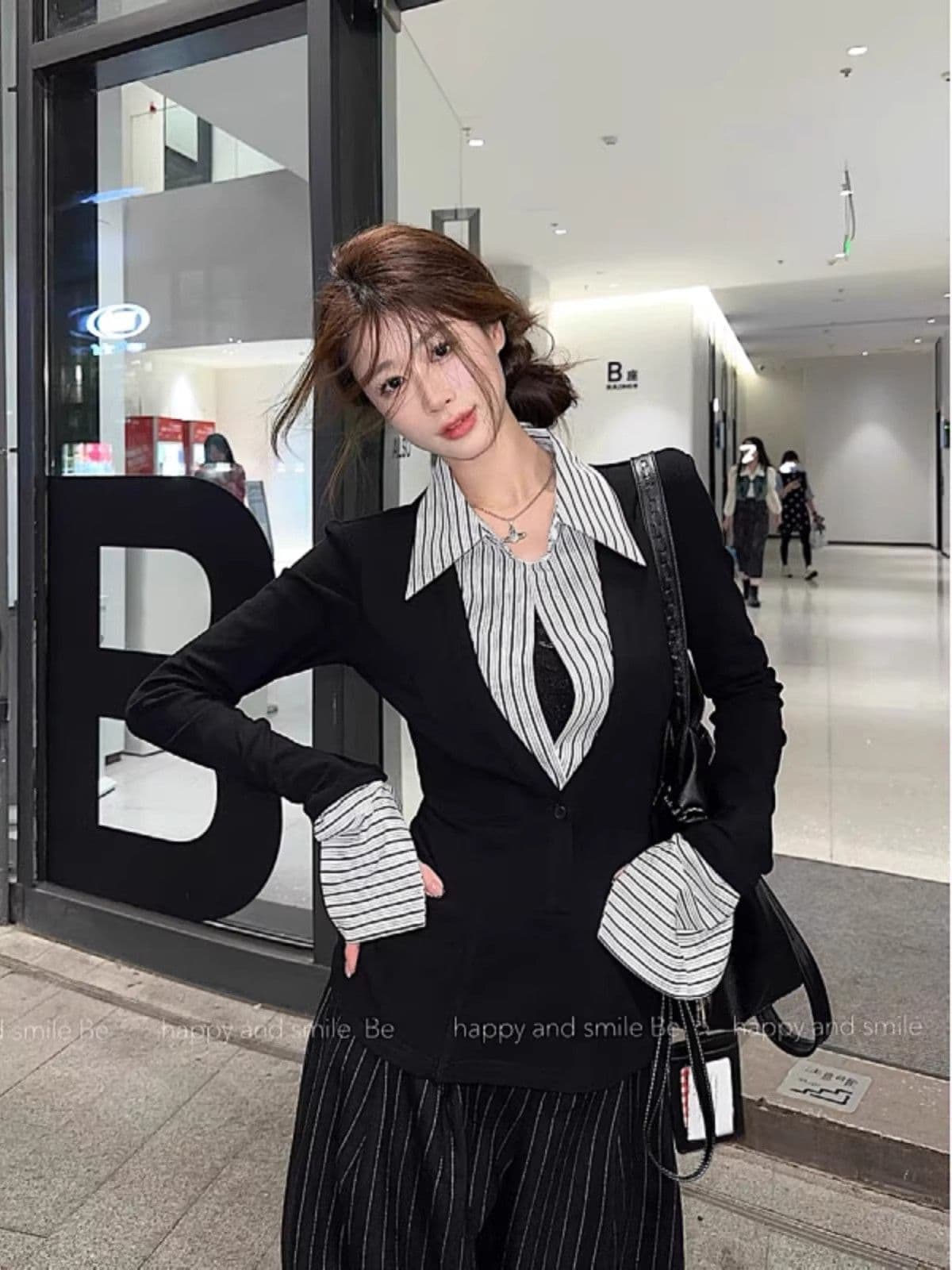 빅 사이즈 지방 mm 아메리칸 핫걸 바람 페이크 레이어드 POLO 칼라 여성 조기 봄 슬림해 보이는 디자인 센스 품격 셔츠 맨위 상세 이미지 2