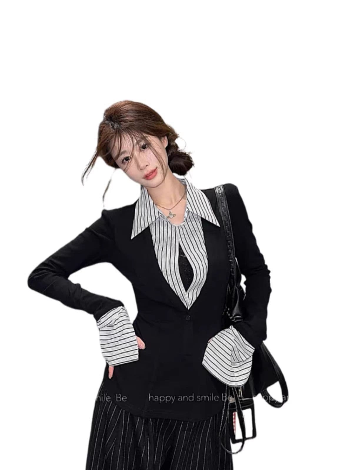 빅 사이즈 지방 mm 아메리칸 핫걸 바람 페이크 레이어드 POLO 칼라 여성 조기 봄 슬림해 보이는 디자인 센스 품격 셔츠 맨위 상세 이미지 5