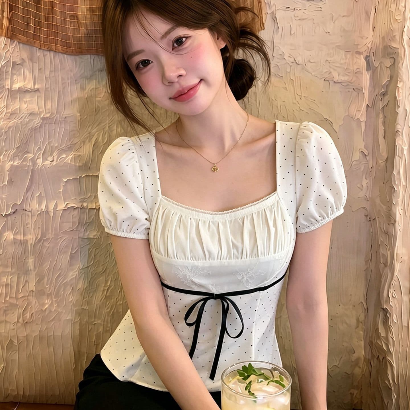 도트 무늬 광장 칼라 티셔츠 여성 여름 디자인 센스 슬림해 보이는 달콤한 스타일 거품 소매 스트랩 몸매 가꾸기 반팔 허리 수축 맨위 이미지 4