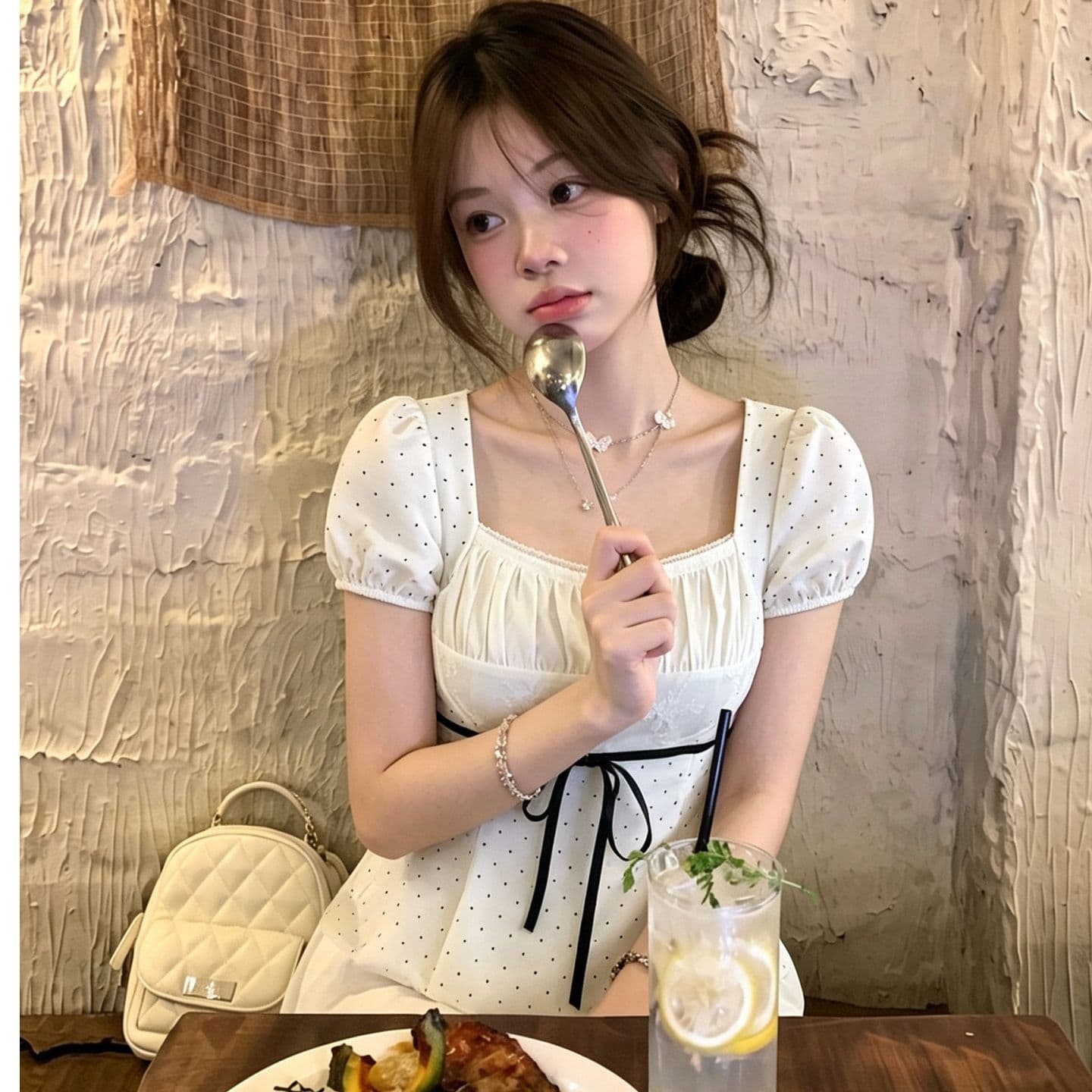 도트 무늬 광장 칼라 티셔츠 여성 여름 디자인 센스 슬림해 보이는 달콤한 스타일 거품 소매 스트랩 몸매 가꾸기 반팔 허리 수축 맨위 이미지 3