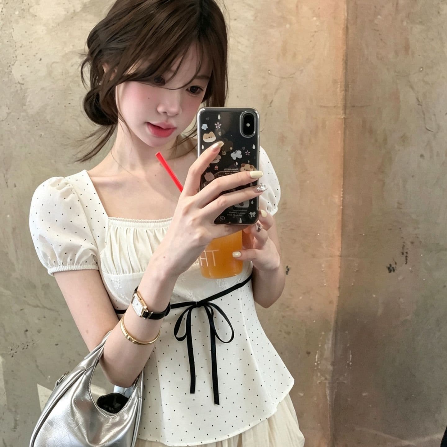 도트 무늬 광장 칼라 티셔츠 여성 여름 디자인 센스 슬림해 보이는 달콤한 스타일 거품 소매 스트랩 몸매 가꾸기 반팔 허리 수축 맨위 상세 이미지 5