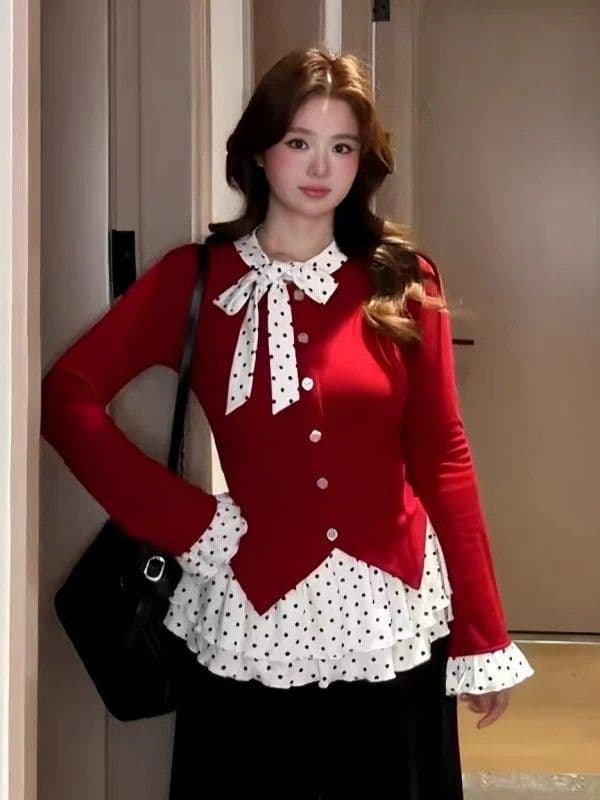 마이크로 지방 mm 작은 샤넬 스타일 나비 매듭 인사이드 가져 가라. 기본 셔츠 여성 봄 가을 빅 사이즈 몸매 가꾸기 슬림해 보이는 페이크 레이어드 빨간색 맨위 이미지 4