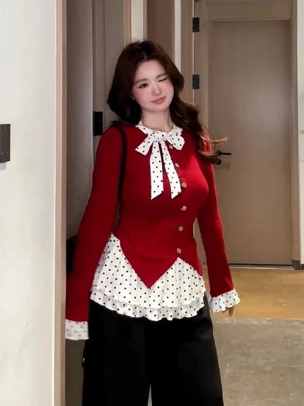 마이크로 지방 mm 작은 샤넬 스타일 나비 매듭 인사이드 가져 가라. 기본 셔츠 여성 봄 가을 빅 사이즈 몸매 가꾸기 슬림해 보이는 페이크 레이어드 빨간색 맨위 이미지 2