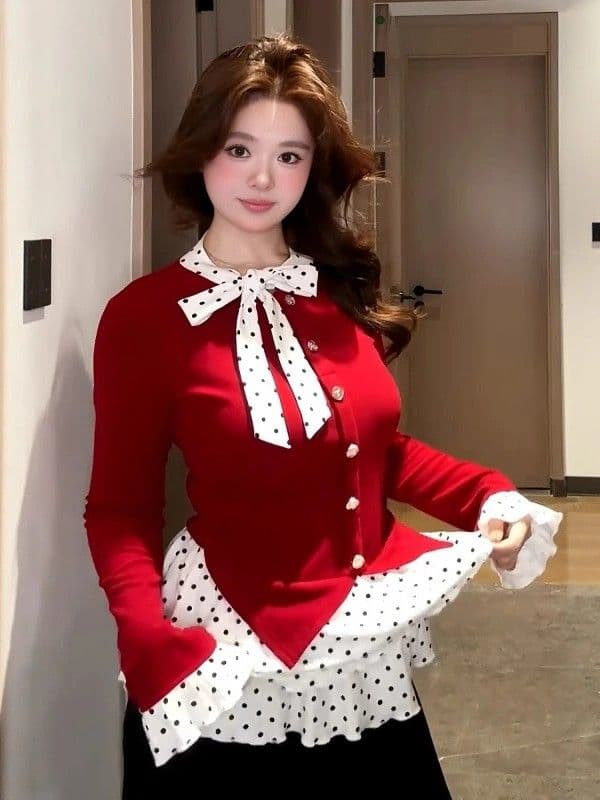 마이크로 지방 mm 작은 샤넬 스타일 나비 매듭 인사이드 가져 가라. 기본 셔츠 여성 봄 가을 빅 사이즈 몸매 가꾸기 슬림해 보이는 페이크 레이어드 빨간색 맨위 상세 이미지 3