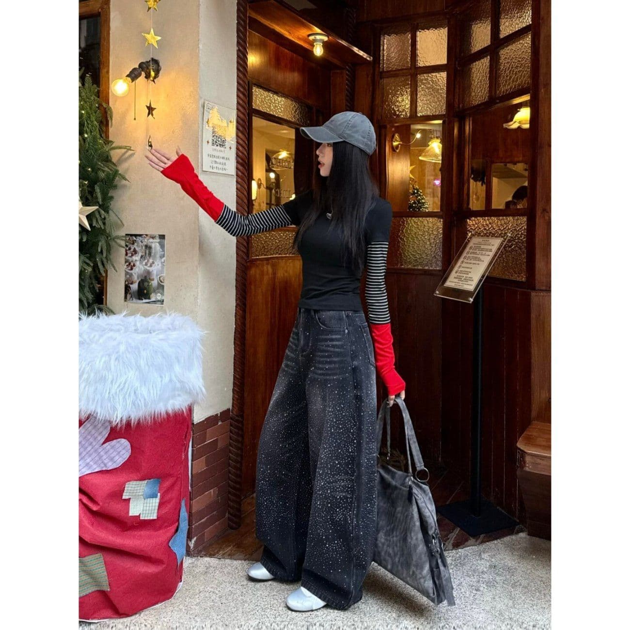 260 사람들 면 모달 스트라이프 긴팔 티셔츠 여성 페이크 레이어드 인사이드 잡아라. 의류 몸매 가꾸기 기본 셔츠 상세 이미지 4