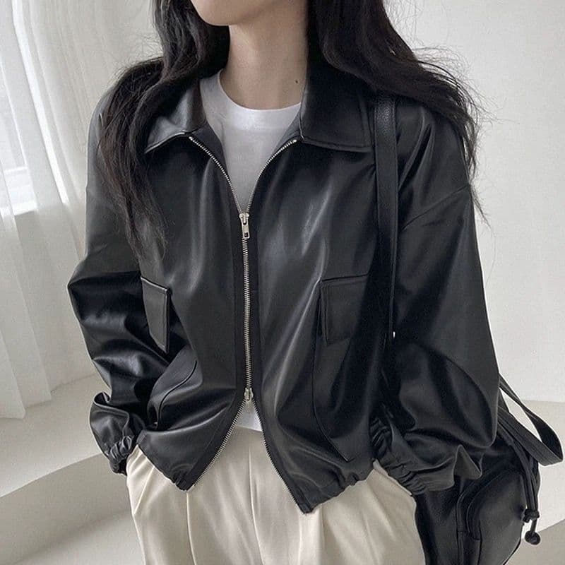 26 한국 chic 가을 레트로 항구 바람 스탠드 칼라 지퍼 디자인 루즈핏 캐주얼 다용도 긴팔 쇼트 스타일 여성 코트 이미지 5