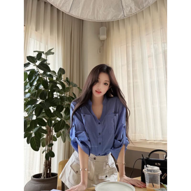원본 원단 파란색 스탠드 칼라 루즈핏 긴팔 여성 셔츠 여름 V넥 여성 셔츠 조기