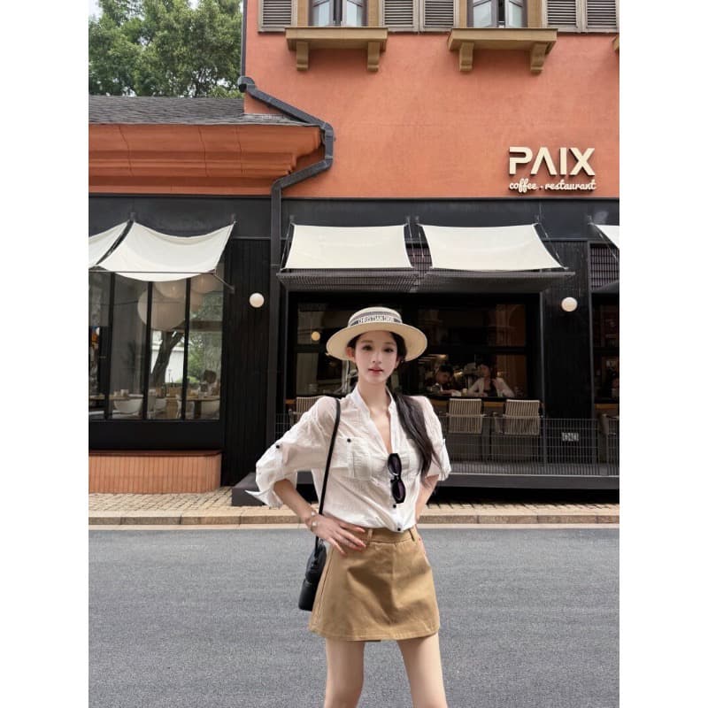원본 원단 파란색 스탠드 칼라 루즈핏 긴팔 여성 셔츠 여름 V넥 여성 셔츠 조기 이미지 4