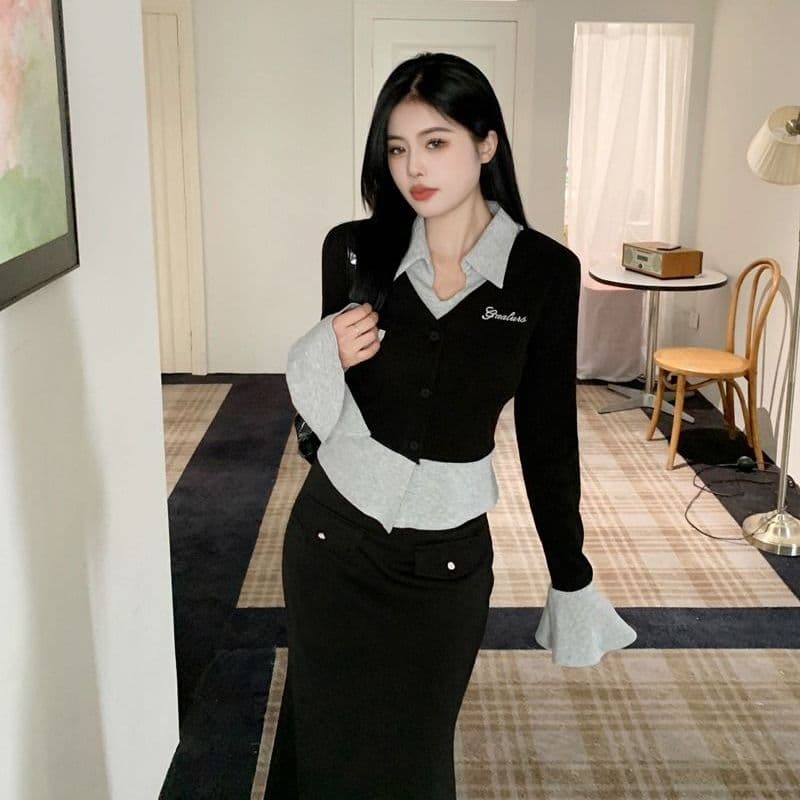 모달 사람들 면 260 그램 한국 스타일 새로운 핫걸 배색 페이크 레이어드 맨위 여성 가을 긴팔 여성