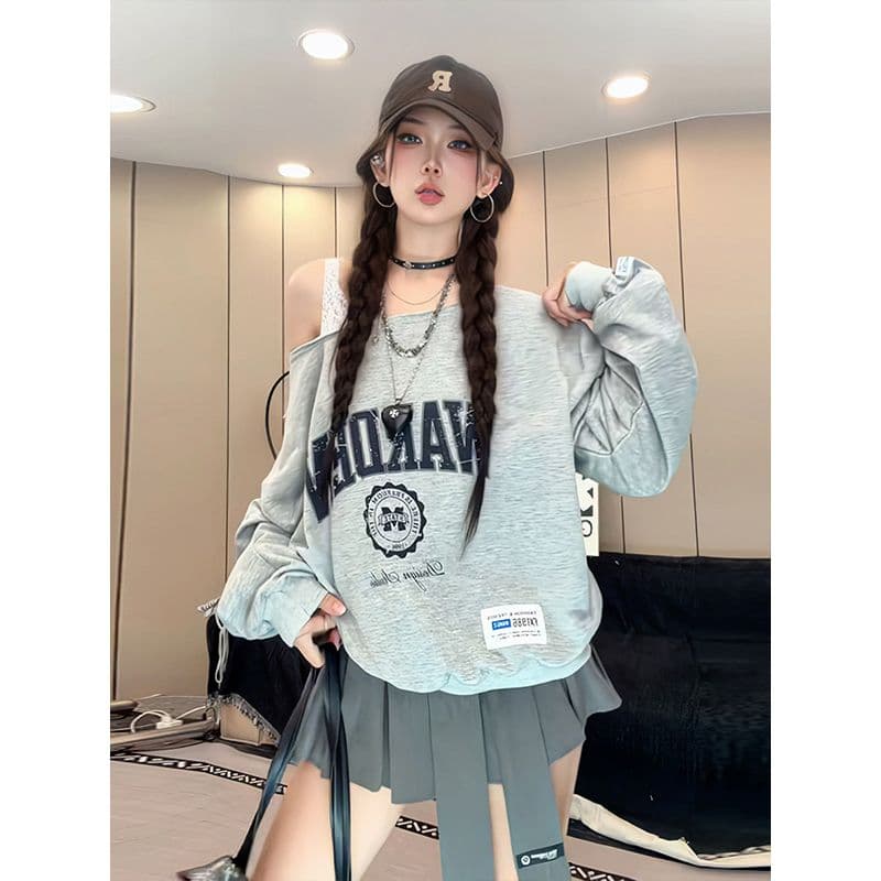 남자 바 면 아메리칸 스트리트 패션 알파벳 프린트 긴팔 티셔츠 여성 루즈핏 핫걸 바람 페이크 레이어드 맨위 이미지 4