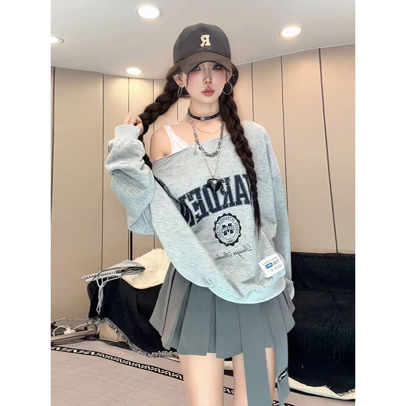 남자 바 면 아메리칸 스트리트 패션 알파벳 프린트 긴팔 티셔츠 여성 루즈핏 핫걸 바람 페이크 레이어드 맨위 이미지 3