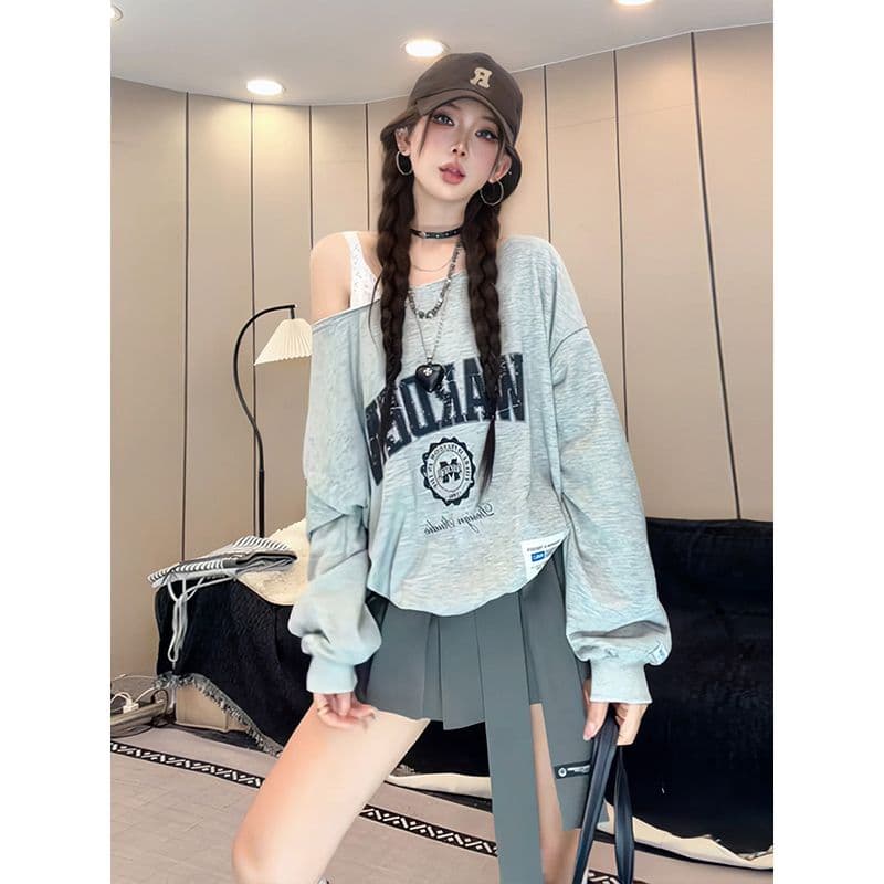 남자 바 면 아메리칸 스트리트 패션 알파벳 프린트 긴팔 티셔츠 여성 루즈핏 핫걸 바람 페이크 레이어드 맨위 이미지 5