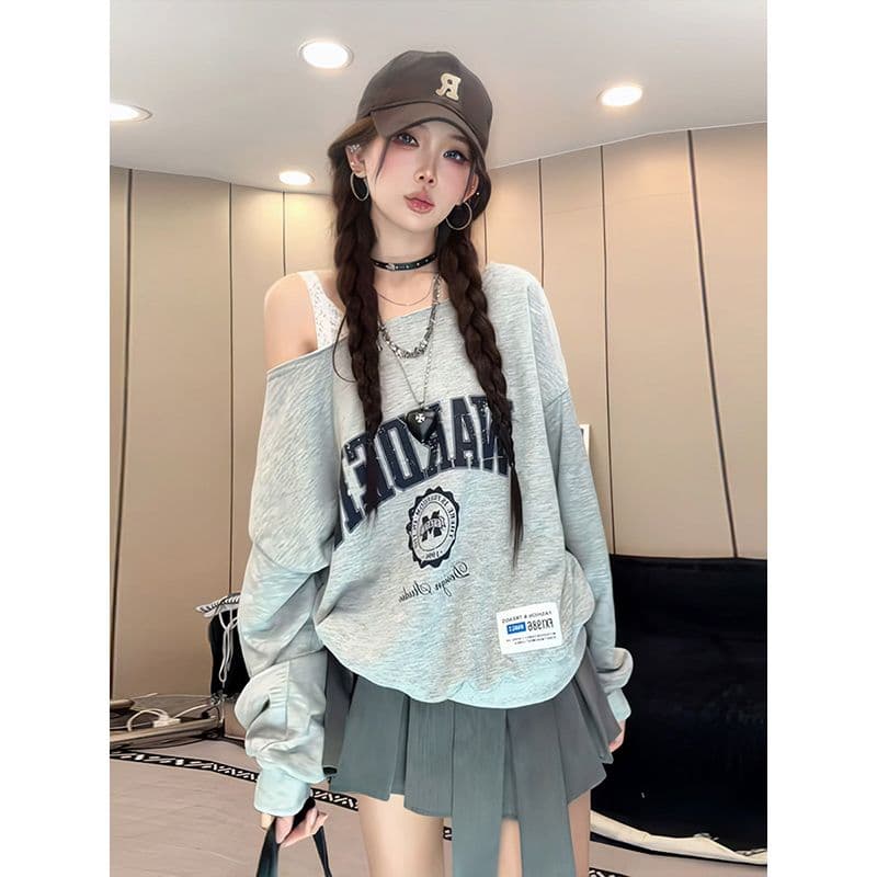 남자 바 면 아메리칸 스트리트 패션 알파벳 프린트 긴팔 티셔츠 여성 루즈핏 핫걸 바람 페이크 레이어드 맨위 상세 이미지 1