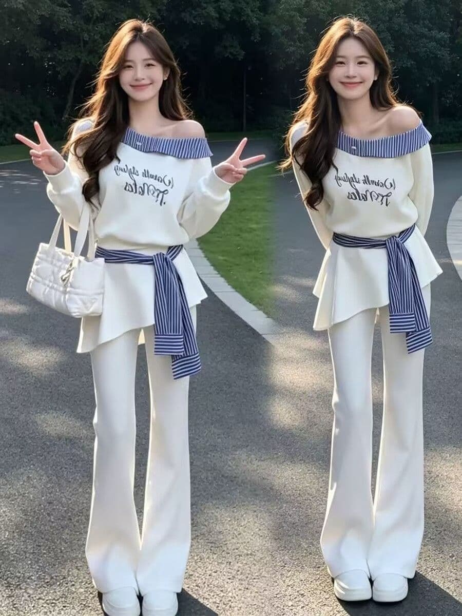 모방 면 남자 바 면 280 그램 패션 여성 세트 봄 가을 오프숄더 알파벳 후드티 방귀 커튼 부츠컷 바지 투피스 세트 상세 이미지 1