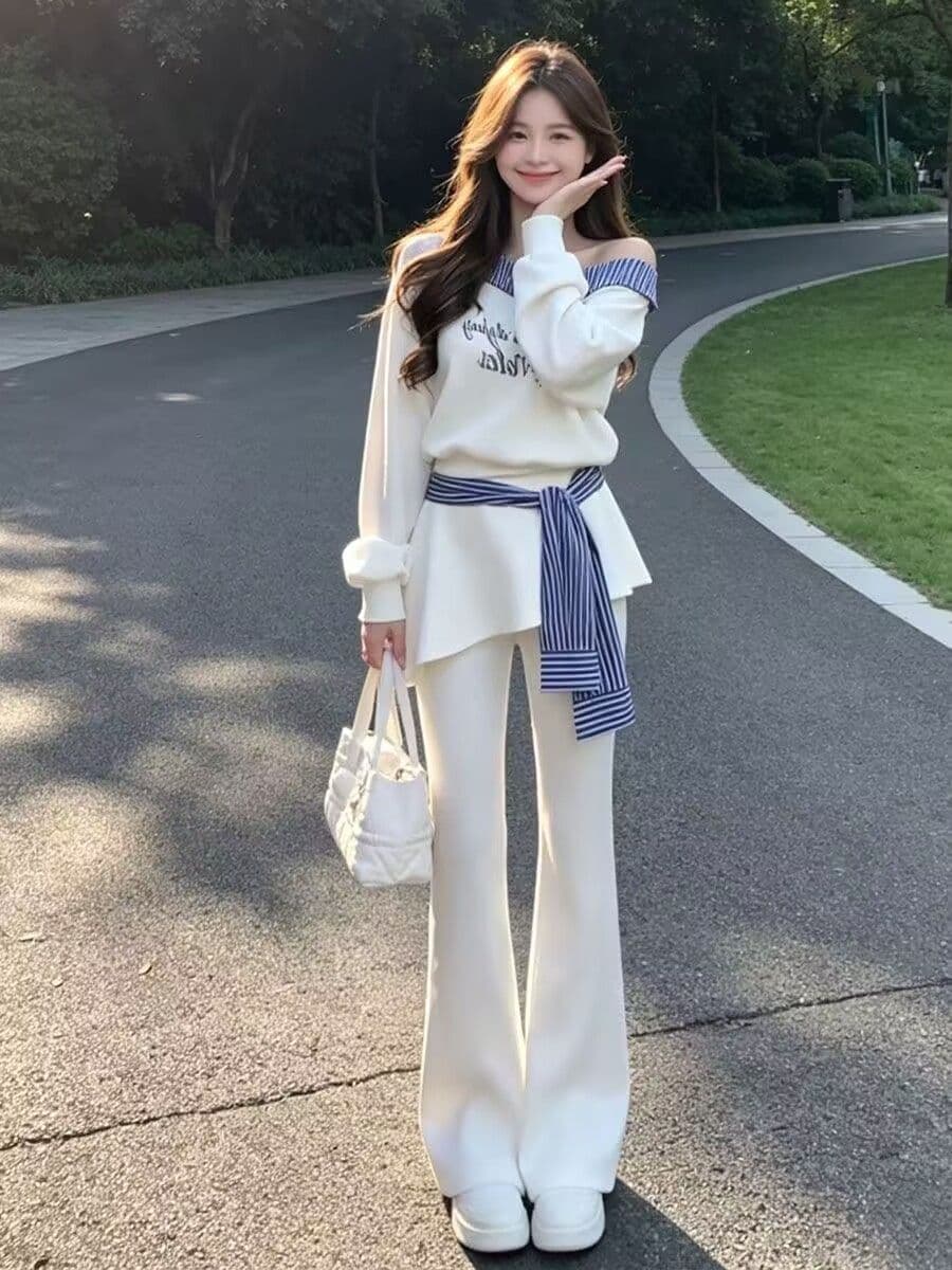 모방 면 남자 바 면 280 그램 패션 여성 세트 봄 가을 오프숄더 알파벳 후드티 방귀 커튼 부츠컷 바지 투피스 세트 상세 이미지 3