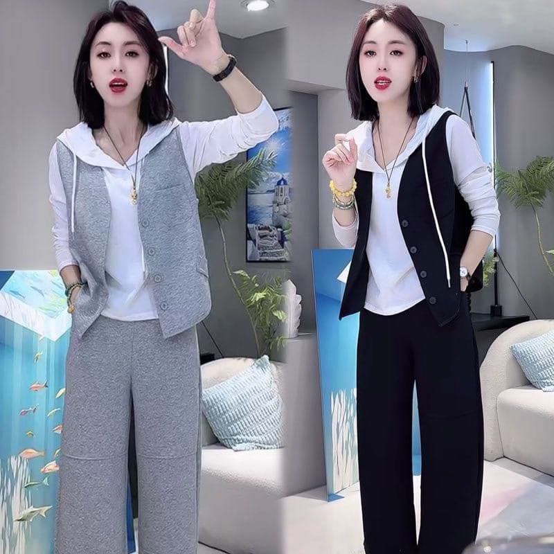모방 면 사선 무늬 당겨 프레임 250그램 캐주얼 세트 여성 봄 가을 후드 만나는 베스트 와이드 레그 팬츠 3종 세트