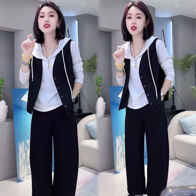 모방 면 사선 무늬 당겨 프레임 250그램 캐주얼 세트 여성 봄 가을 후드 만나는 베스트 와이드 레그 팬츠 3종 세트 이미지 2