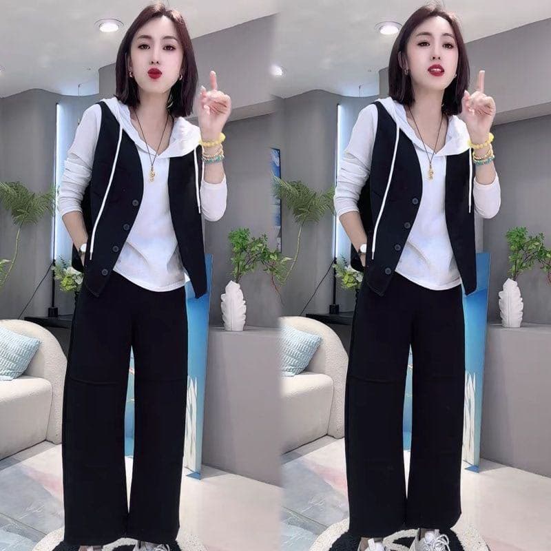 모방 면 사선 무늬 당겨 프레임 250그램 캐주얼 세트 여성 봄 가을 후드 만나는 베스트 와이드 레그 팬츠 3종 세트 상세 이미지 5