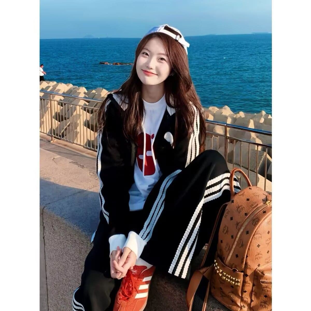 모방 면 사선 무늬 당겨 프레임 250그램 캐주얼 운동복 세트 여성 봄 가을 루즈핏 후드티 긴 바지 투피스 세트