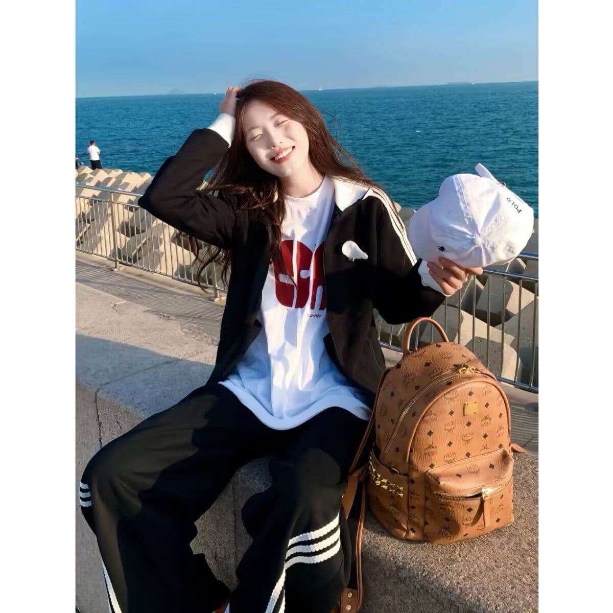 모방 면 사선 무늬 당겨 프레임 250그램 캐주얼 운동복 세트 여성 봄 가을 루즈핏 후드티 긴 바지 투피스 세트 이미지 2