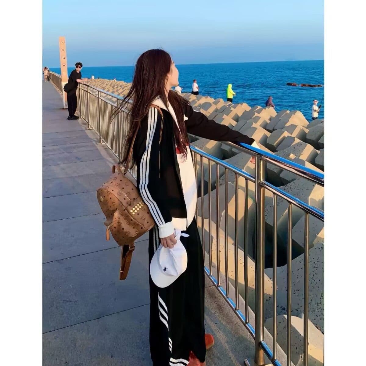 모방 면 사선 무늬 당겨 프레임 250그램 캐주얼 운동복 세트 여성 봄 가을 루즈핏 후드티 긴 바지 투피스 세트 이미지 3