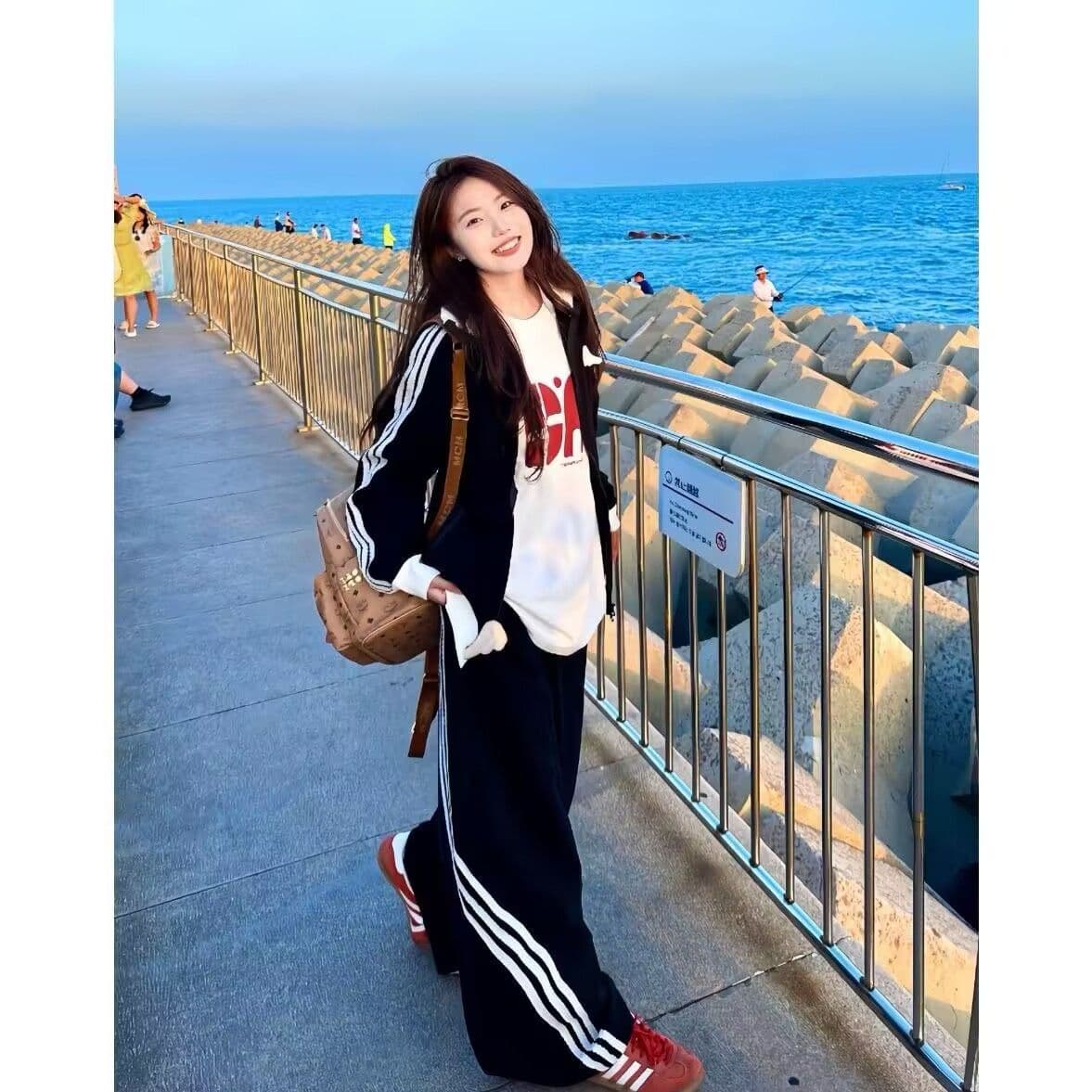 모방 면 사선 무늬 당겨 프레임 250그램 캐주얼 운동복 세트 여성 봄 가을 루즈핏 후드티 긴 바지 투피스 세트 상세 이미지 2