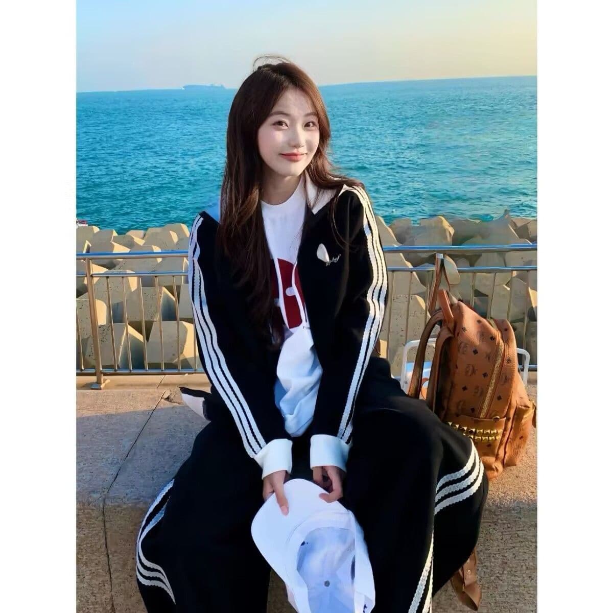 모방 면 사선 무늬 당겨 프레임 250그램 캐주얼 운동복 세트 여성 봄 가을 루즈핏 후드티 긴 바지 투피스 세트 상세 이미지 5
