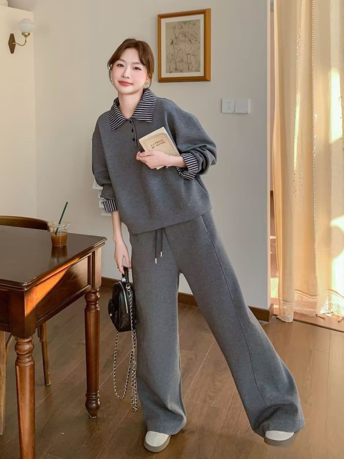 모방 면 사선 무늬 당겨 프레임 250그램 봄 가을 새로운 POLO 칼라 세트 캐주얼 운동 루즈핏 두 조각 여성 세트 이미지 2