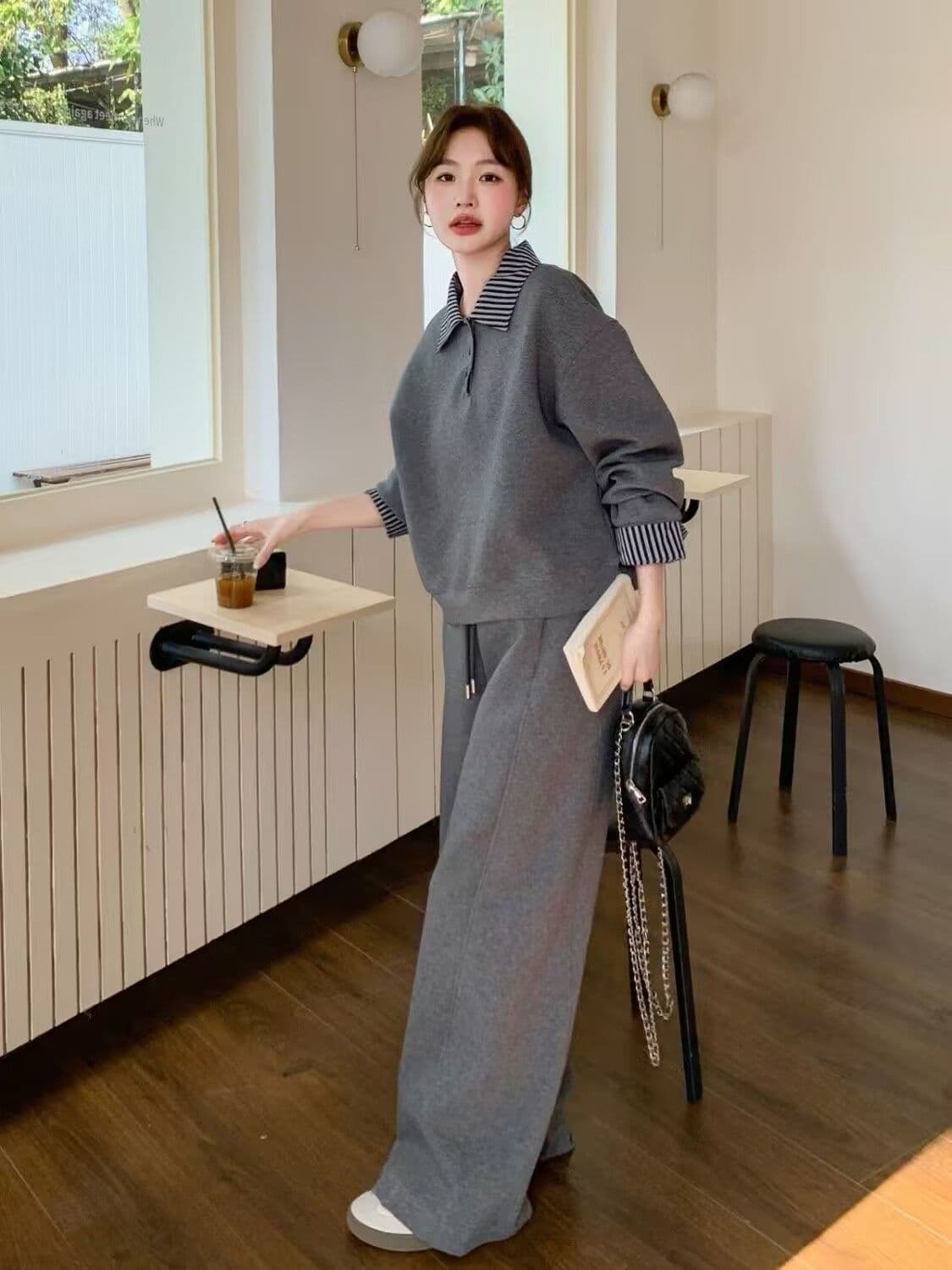 모방 면 사선 무늬 당겨 프레임 250그램 봄 가을 새로운 POLO 칼라 세트 캐주얼 운동 루즈핏 두 조각 여성 세트 상세 이미지 1