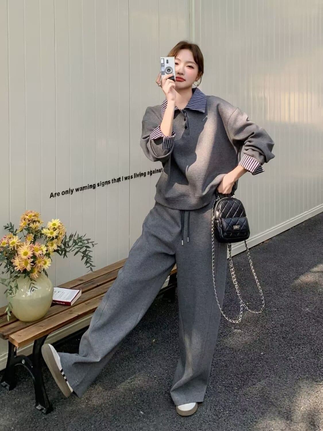 모방 면 사선 무늬 당겨 프레임 250그램 봄 가을 새로운 POLO 칼라 세트 캐주얼 운동 루즈핏 두 조각 여성 세트 상세 이미지 3