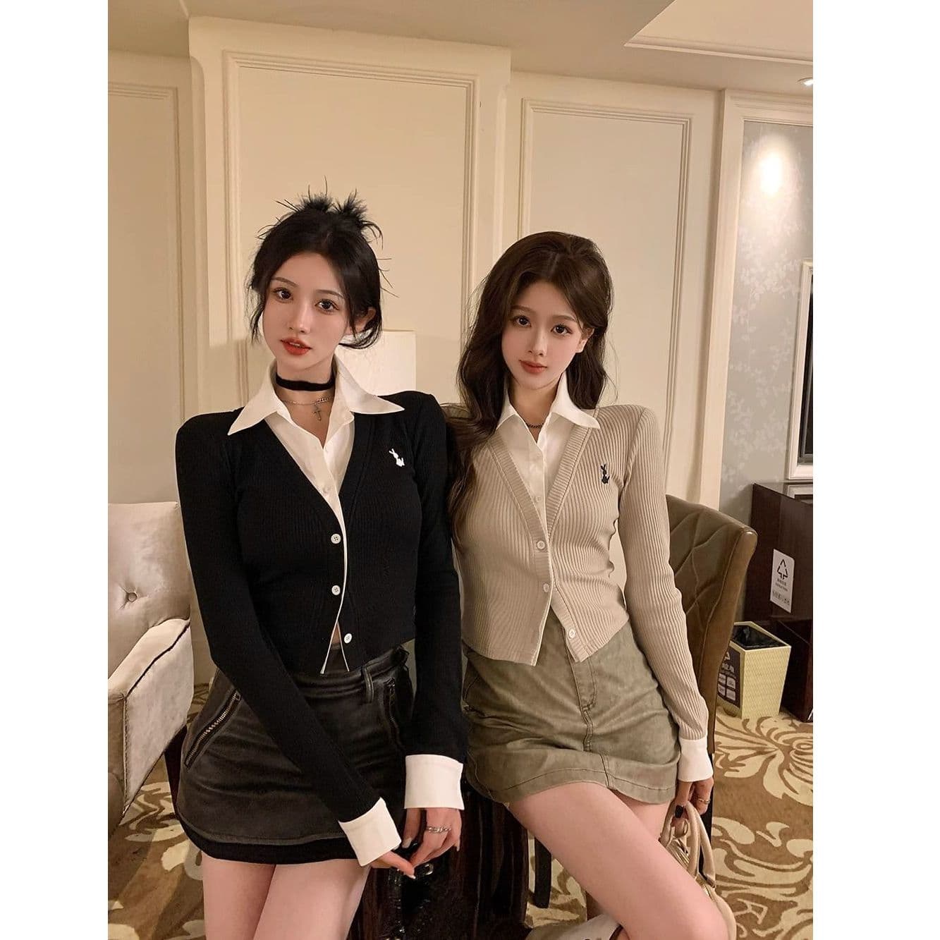 원본 원단 POLO 칼라 자수 긴팔 여성 가을 디자인 센스 셔츠 패치워크 쇼트 스타일 페이크 레이어드 맨위 상세 이미지 1