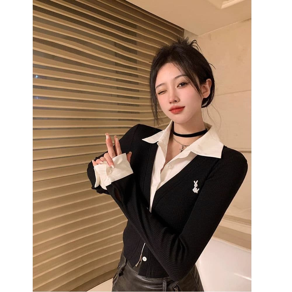 원본 원단 POLO 칼라 자수 긴팔 여성 가을 디자인 센스 셔츠 패치워크 쇼트 스타일 페이크 레이어드 맨위 상세 이미지 2