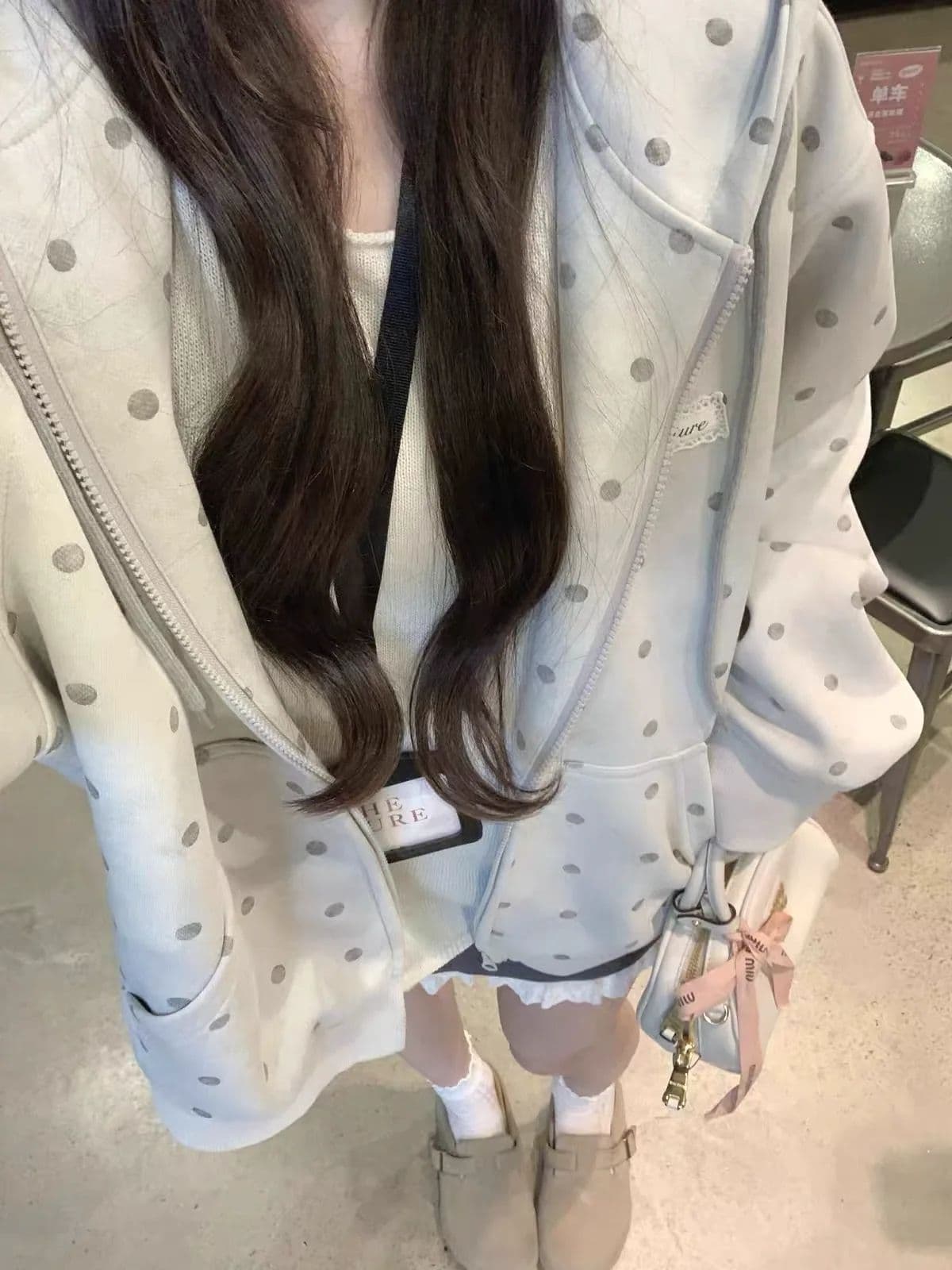 후아 면 복합 마 오래된 공예 가을 도트 무늬 후드 티 스웨터 여성 코트 지퍼 회색 맨위