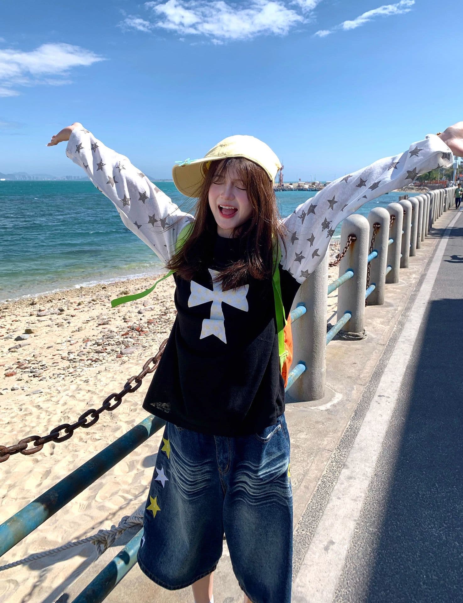 50 면 눈꽃 면 여름 새로운 루즈핏 패치워크 색상 긴팔 티셔츠 자외선 차단 긴팔 블라우스 여성 이미지 3