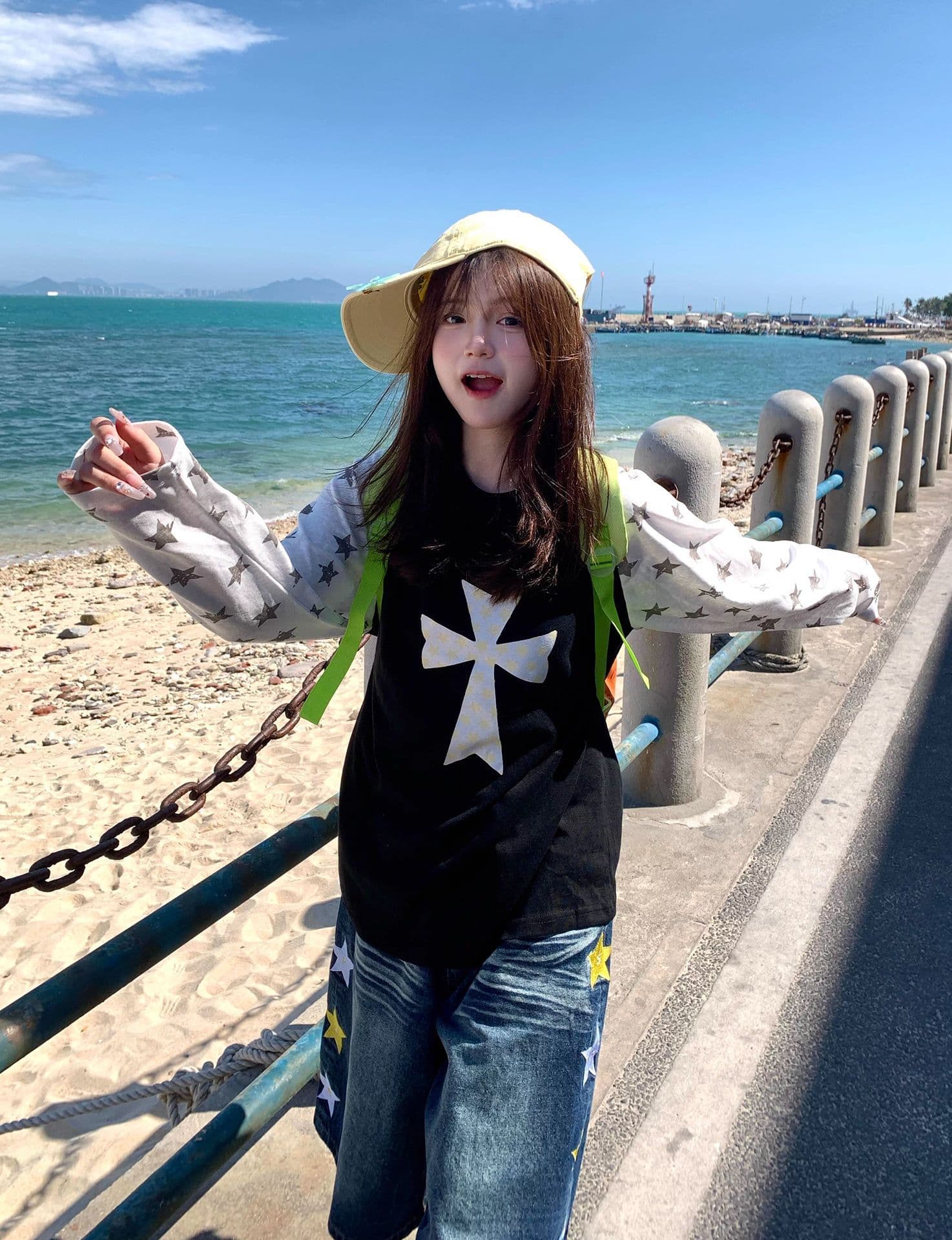 50 면 눈꽃 면 여름 새로운 루즈핏 패치워크 색상 긴팔 티셔츠 자외선 차단 긴팔 블라우스 여성 상세 이미지 5