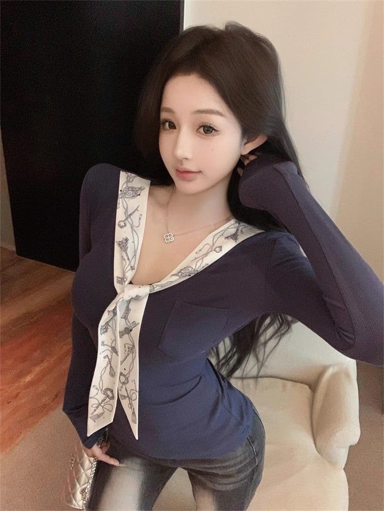 260 그램 사람들 면 모달 한국 스타일 새로운 V넥 레이스업 긴팔 티셔츠 여성 작은 대중 몸매 가꾸기 맨위 여성