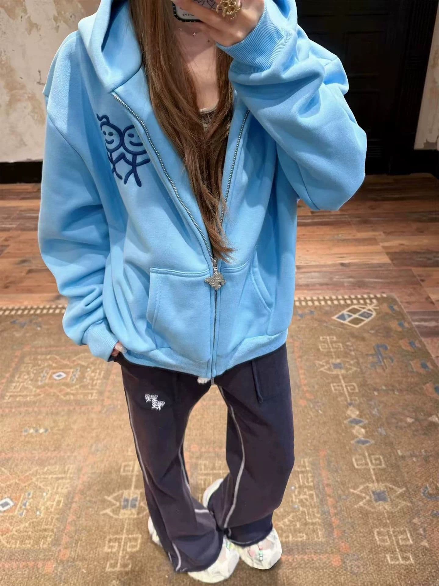 후아 면 복합 가을 겨울 지퍼 후드 티 스웨터 재킷 신선함 파란색 경기 사람들 달콤한 차가운 맨위 트렌디 상세 이미지 1