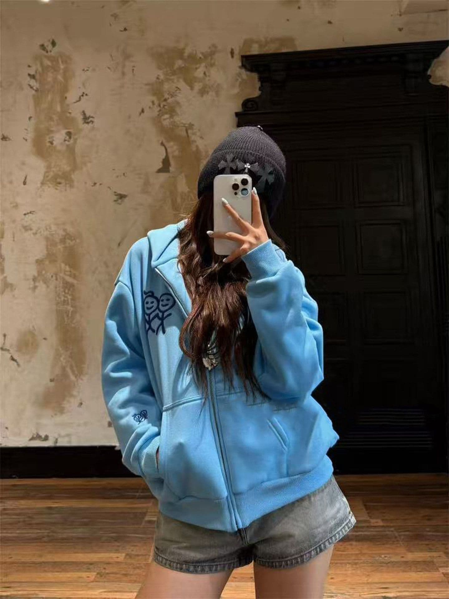 후아 면 복합 가을 겨울 지퍼 후드 티 스웨터 재킷 신선함 파란색 경기 사람들 달콤한 차가운 맨위 트렌디 상세 이미지 5