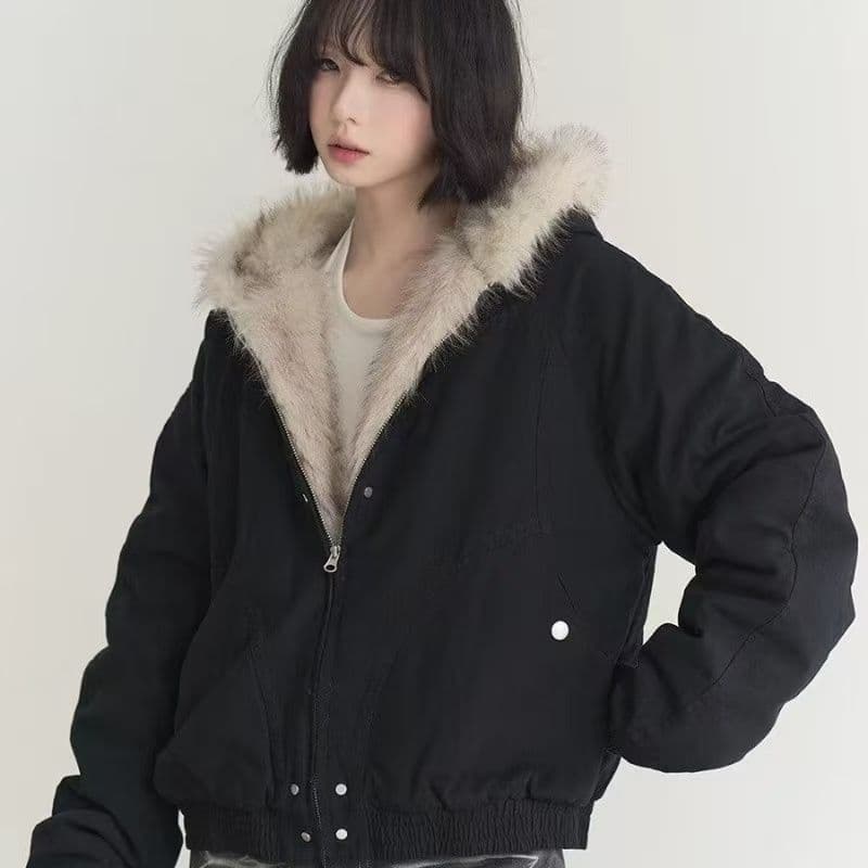 좌 산 조각 모피 칼라 면 의류 여성 코트 겨울 단색 쇼트 스타일 작은 키 루즈핏 후드 워크웨어 면 옷