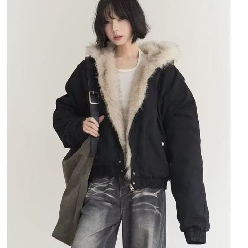 좌 산 조각 모피 칼라 면 의류 여성 코트 겨울 단색 쇼트 스타일 작은 키 루즈핏 후드 워크웨어 면 옷 상세 이미지 4